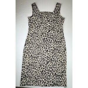 Maya Brooke Sheath Dress Leopard Animal Print Square Neck Stretch 12 Tan Black